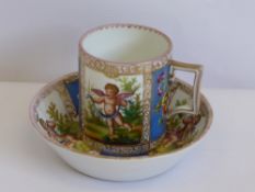 A Dresden Style Mug and Saucer, hand painted with cherubs and floral spray, marked Dresden to base