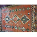 A 20th Century Turkish Kilim, of geometric design, pink, celadon, blue and cream colouring, approx
