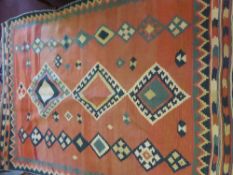 A 20th Century Turkish Kilim, of geometric design, pink, celadon, blue and cream colouring, approx