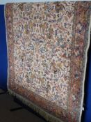 A Persian Style Woollen Carpet, depicting mounted figures, mustard and pale blue, cream on cobalt