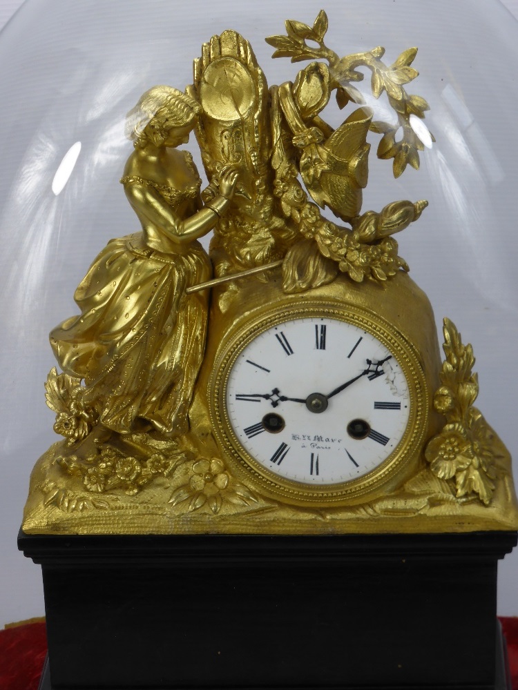 A 19th Century French Henri Marc Gilt Mantle Clock, depicting a young woman carving initials into - Image 2 of 2