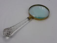 A Generously Proportioned Cut Glass and Brass Magnifying Glass, approx 37 cms long.