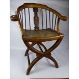 A Japanese Fruit Wood Spindle Back X Frame Chair, the chair having ivory inlaid character to back