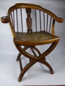 A Japanese Fruit Wood Spindle Back X Frame Chair, the chair having ivory inlaid character to back