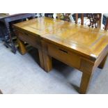 Two Sturdy Contemporary Coffee/Occasional Table, possibly teak, approx 69 x 69 x 57 cms