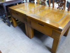 Two Sturdy Contemporary Coffee/Occasional Table, possibly teak, approx 69 x 69 x 57 cms