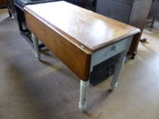 A Pine Drop Leaf Table, with celadon painted legs, approx 104 x 92 x 69 cms.