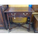 Antique Queen Anne Style Oak Hall Table, the table having crossed stretchers with carved finial