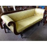 A Rosewood Framed Settee in the Federal Style, gold brocade upholstery, supported on turned legs