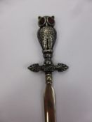 A Silver Letter Opener, with steel blade the handle in the form of an owl, Birmingham hallmark dd