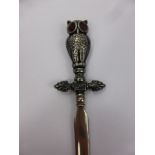 A Silver Letter Opener, with steel blade the handle in the form of an owl, Birmingham hallmark dd