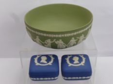 A Wedgwood Celadon Green Fruit Bowl, depicting The Graces, two royal blue trinket boxes