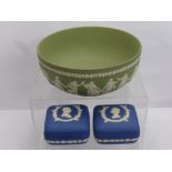 A Wedgwood Celadon Green Fruit Bowl, depicting The Graces, two royal blue trinket boxes