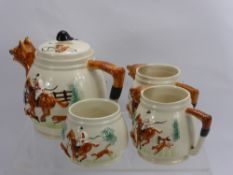 An English Pottery Tea Set, depicting 'The Hunt' comprising teapot, milk jug, sugar bowl and
