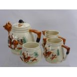 An English Pottery Tea Set, depicting 'The Hunt' comprising teapot, milk jug, sugar bowl and