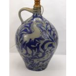 A Generously Proportioned Stoneware Westerwald,Blue Glazed Flask, converted into a lamp base, the