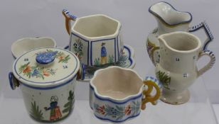 A Quantity of Antique Quimper Pottery, including a compote jar and cover, bowls, cups, trinket