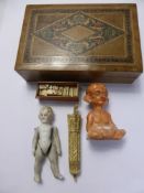 A Miscellaneous Collection of Items, including Tunbridge ware box, antique miniature porcelain