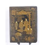An Antique Chinese Black Lacquer Panel, depicting a scene at court of an Emperor and Empress, approx
