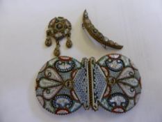 An Antique Italian Mosaic Work Buckle, crescent form brooch together with a heart shaped drop