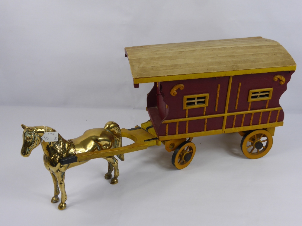 A Brass Cart Horse with a hand made Romany caravan together with another horse-drawn cart. (2)
