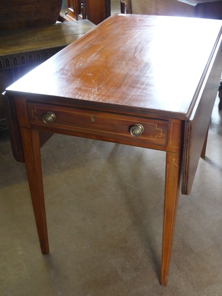 A Regency Style Drop Leaf Table, with decorative inlay on tapered legs, approx 96 x 55 x 75 cms (