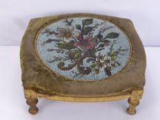 An Antique French Bead Work Foot Stool, on turned feet, approx 34 x 15 cms.