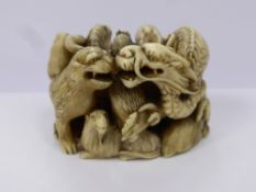 Meiji Japanese Ivory Okimono, intricately carved Zodiac Animal Group, including horse, tiger, pig,