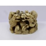 Meiji Japanese Ivory Okimono, intricately carved Zodiac Animal Group, including horse, tiger, pig,