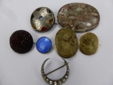 A Miscellaneous Collection of Antique Brooches, including fossil agate, cameo and enamel, some