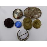 A Miscellaneous Collection of Antique Brooches, including fossil agate, cameo and enamel, some