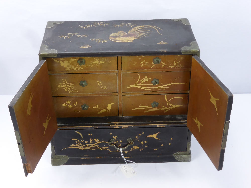 A Chinese Black Lacquer Jewellery Box, with six internal drawers beneath two cupboards, decorated - Image 2 of 2