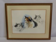 A Pen and Wash Study of a Cat, with two preparatory pencil sketches on either side, framed and