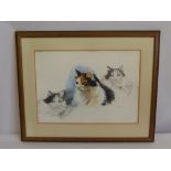 A Pen and Wash Study of a Cat, with two preparatory pencil sketches on either side, framed and