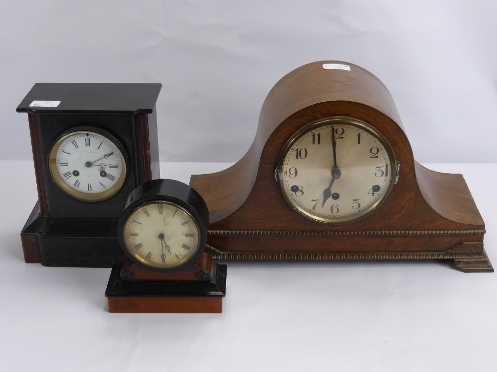 Three Vintage Mantle Clocks, including a black slate French with enamel dial, an oak cased