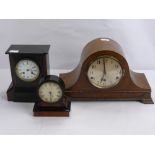 Three Vintage Mantle Clocks, including a black slate French with enamel dial, an oak cased