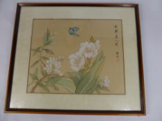 Three Hand Painted Japanese Paintings on Silk, depicting butterflies, character marks to top and