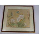 Three Hand Painted Japanese Paintings on Silk, depicting butterflies, character marks to top and