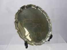 A Silver Card Tray, on scroll feet, Sheffield hallmark dd 1992, mm C.J.V. Ltd., approx wt 320 gms.