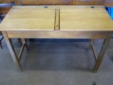 A Vintage Pine Double Seated School Desk, with lift up top, approx 69 x 45 x 102 cms.