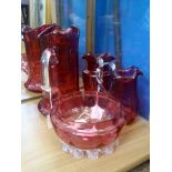 A Quantity of Victorian Cranberry Glass, including a bon bon dish, water pitcher, two creamers.(4)