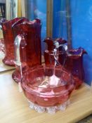 A Quantity of Victorian Cranberry Glass, including a bon bon dish, water pitcher, two creamers.(4)
