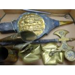 A Quantity of Brass, including a trivet, bellows, candle stick, shell cases and wall sconces, approx