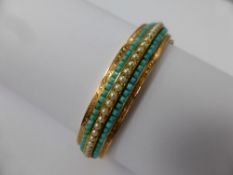 A Lady's 14 Ct Rose Gold Edwardian Seed Pearl and Turquoise Bracelet. 72 turquoise, 25 seed