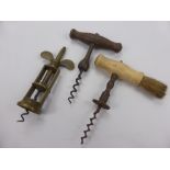 A Miscellaneous Collection of Antique Corkscrews, including butterfly top brass, bone and wooden