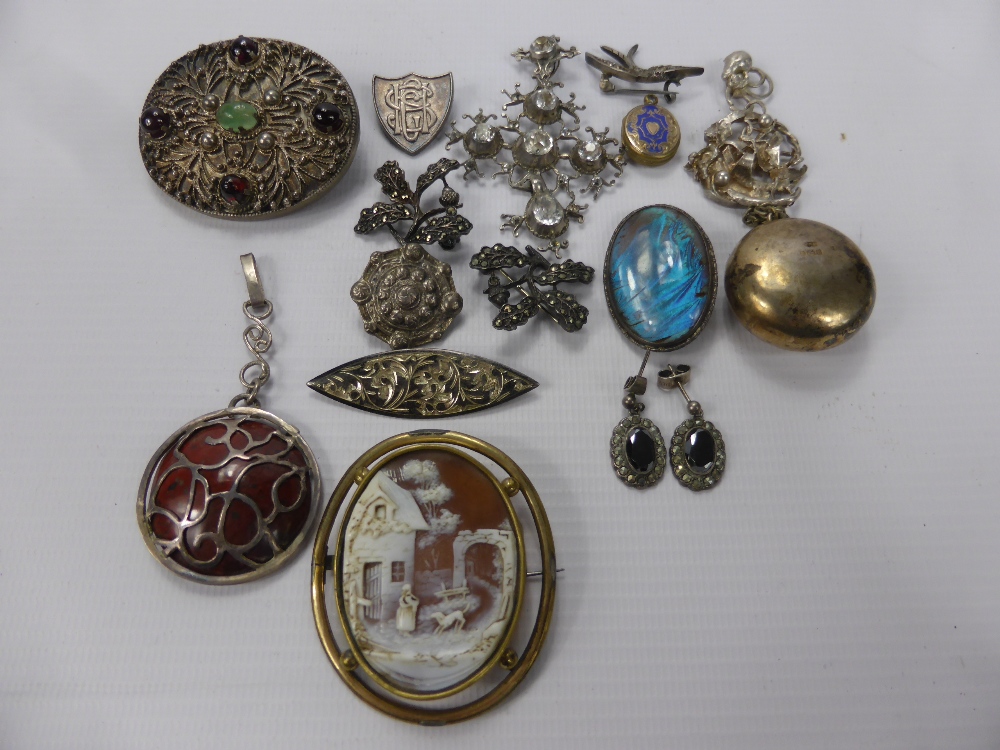 A Collection of Costume Jewellery, including Sterling Silver brooch with cabochon garnet,
