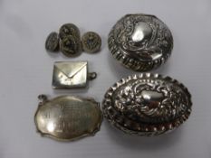 Miscellaneous Silver, including two pill boxes, a stamp holder, a liqueur label and four silver