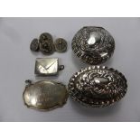 Miscellaneous Silver, including two pill boxes, a stamp holder, a liqueur label and four silver