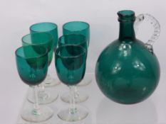 Two Ruby Glass Vases, without the crystal drops, together with six green wine glasses with decanter,