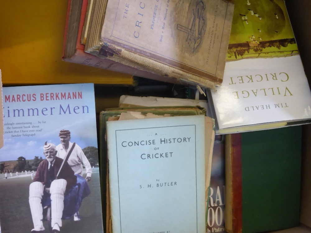 Two Boxes of Cricket-themed Books, including a few vintage and scarce.